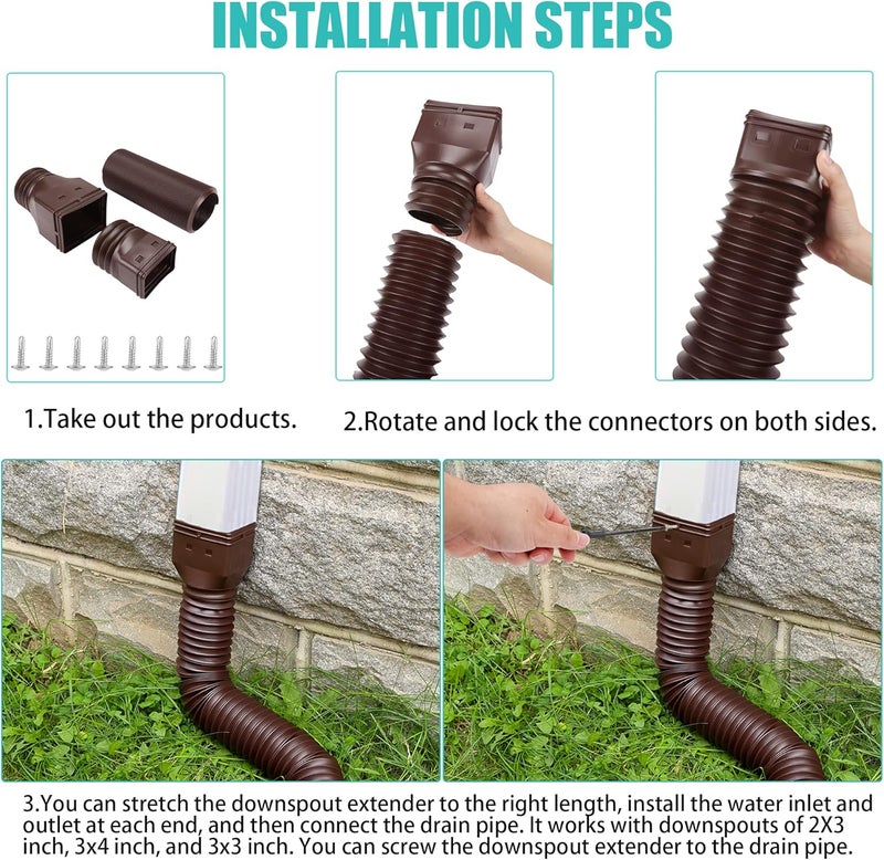 PXCAYFF 2 Pack Rain Gutter Downspout Extensions Flexible,Downspout Extender Diverter Extendable from 21" to 58". Drain Pipe Connector Extendable for Most Residential Downspouts (Brown) - Image 4
